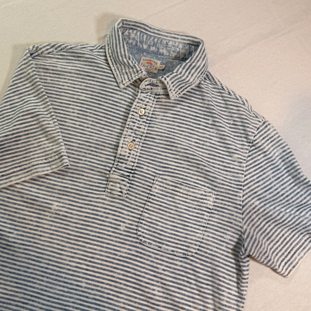 Faherty Polo Shirt Mens S Blue Striped Organic Cotton Short Sleeve Modern Preppy